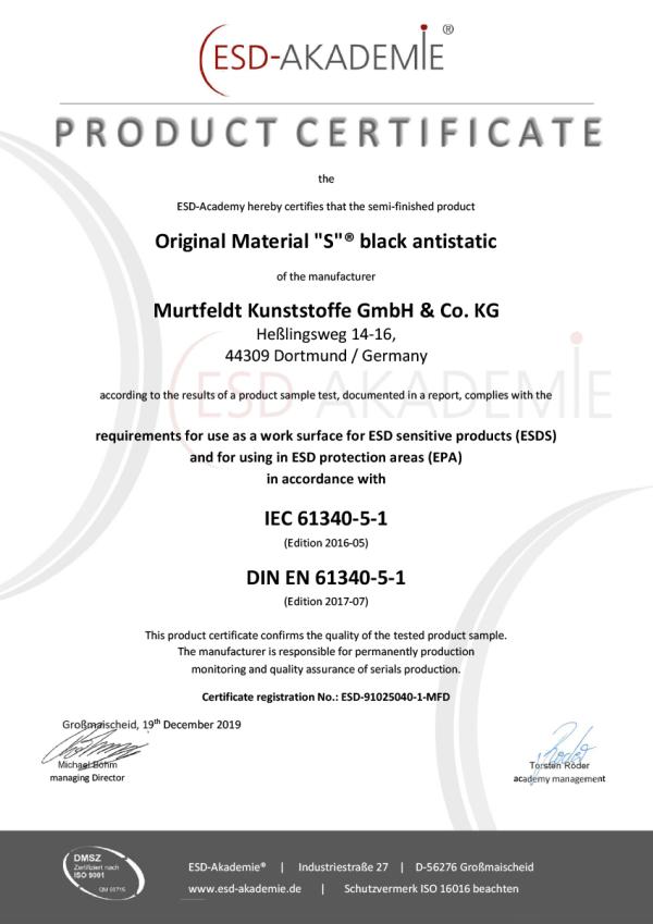 ESD certificate: Murtfeldt Plastics - Original Material 