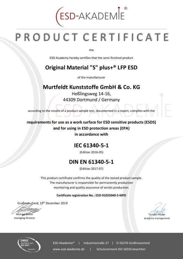 ESD certificate: Murtfeldt Plastics Original Material 