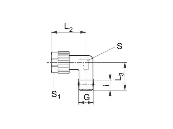 Angled screwed-in coupling for hose - Lubrication system couplings - Murtfeldt GmbH Kunststoffe - Technische Zeichnung 1