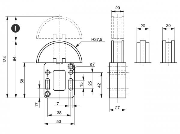Spann-Box® gr.0 con profilo semi-circolare - Tendicatena per catene a rulli - Murtfeldt GmbH Kunststoffe - Technische Zeichnung 1