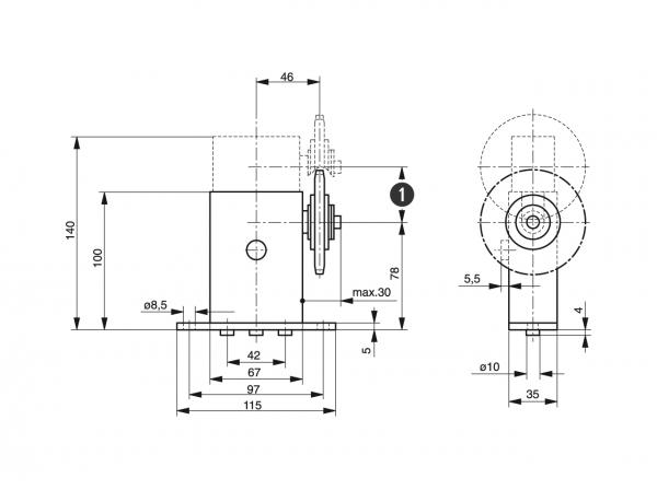 Spann-Box® size 1 with sprocket type-K-S - Chain tensioners for roller chains - Murtfeldt GmbH Kunststoffe - Technische Zeichnung 1